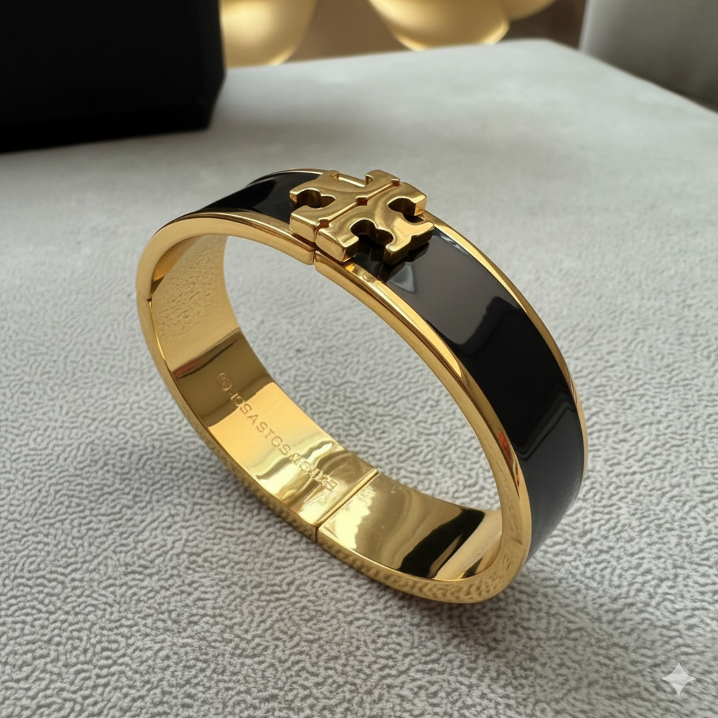 Black Enamel & Gold Logo Band Ring