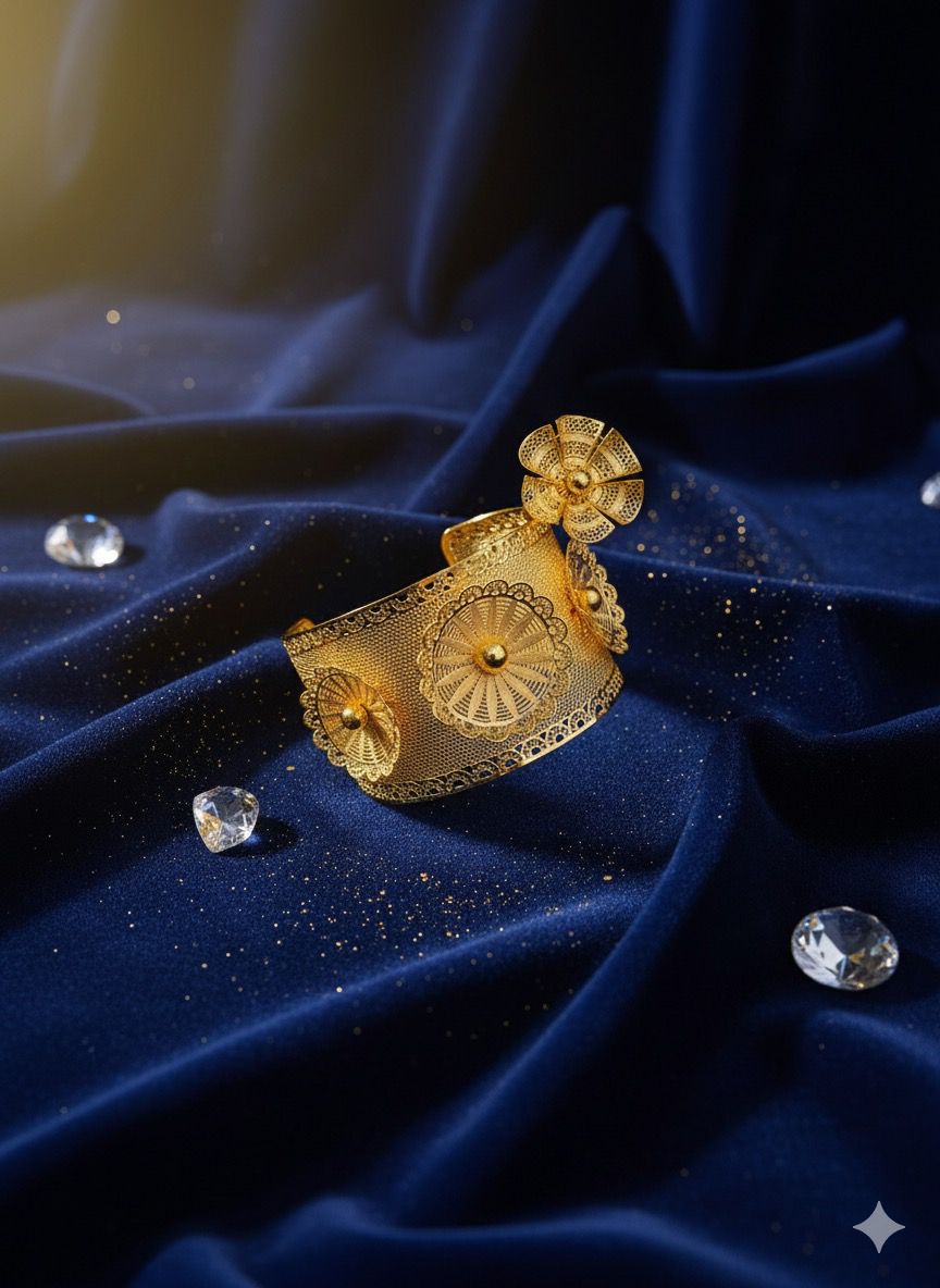 Ornate Filigree Floral Gold Cuff Bracelet